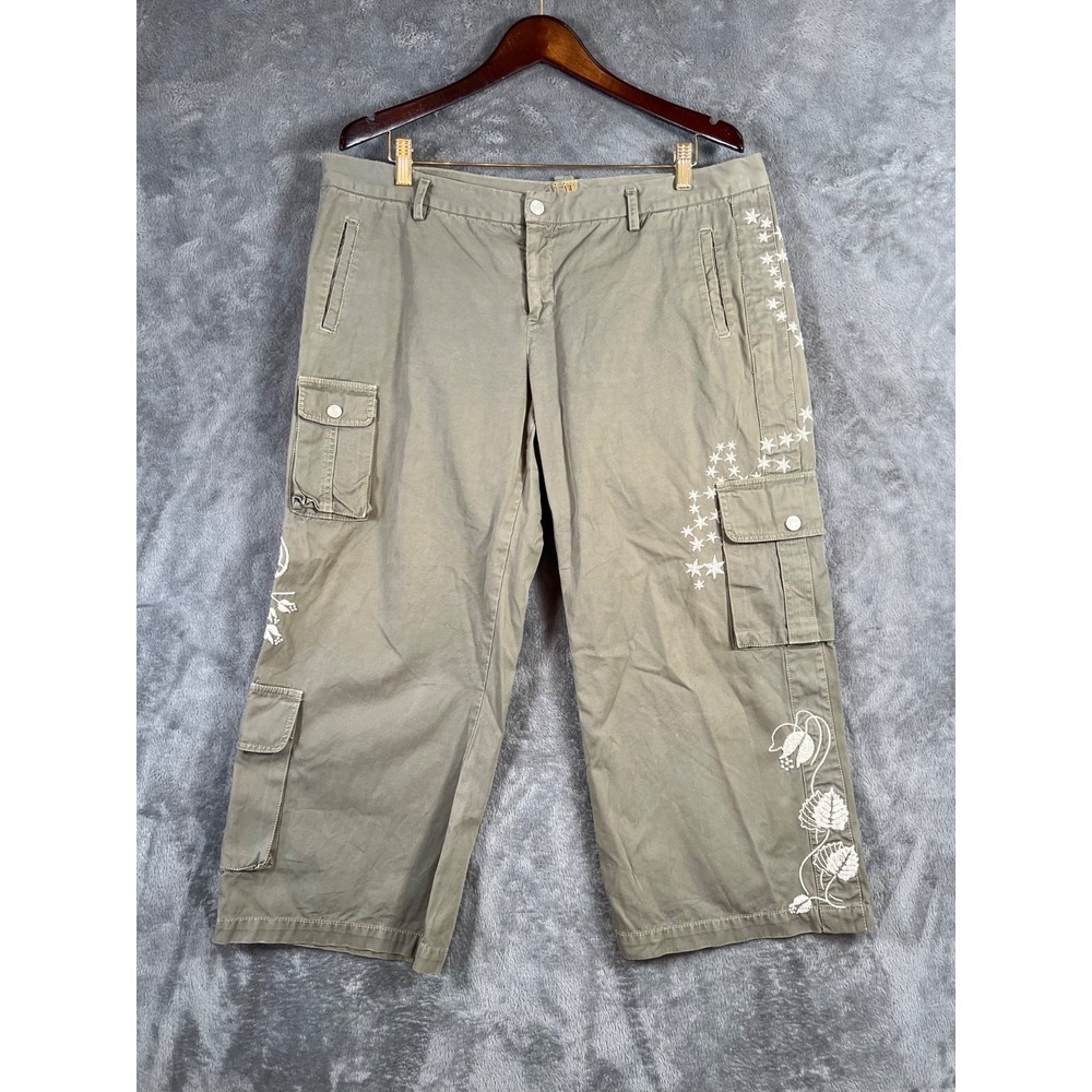 Johnny Was Workshop Embroidered Cargo Pants XL 38x25 Olive Green Cropped Vtg